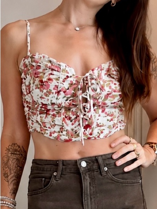 Lulus Tops - Lulus Mastered Elegance Ivory floral Print Lace-up Cami Top. Size M
